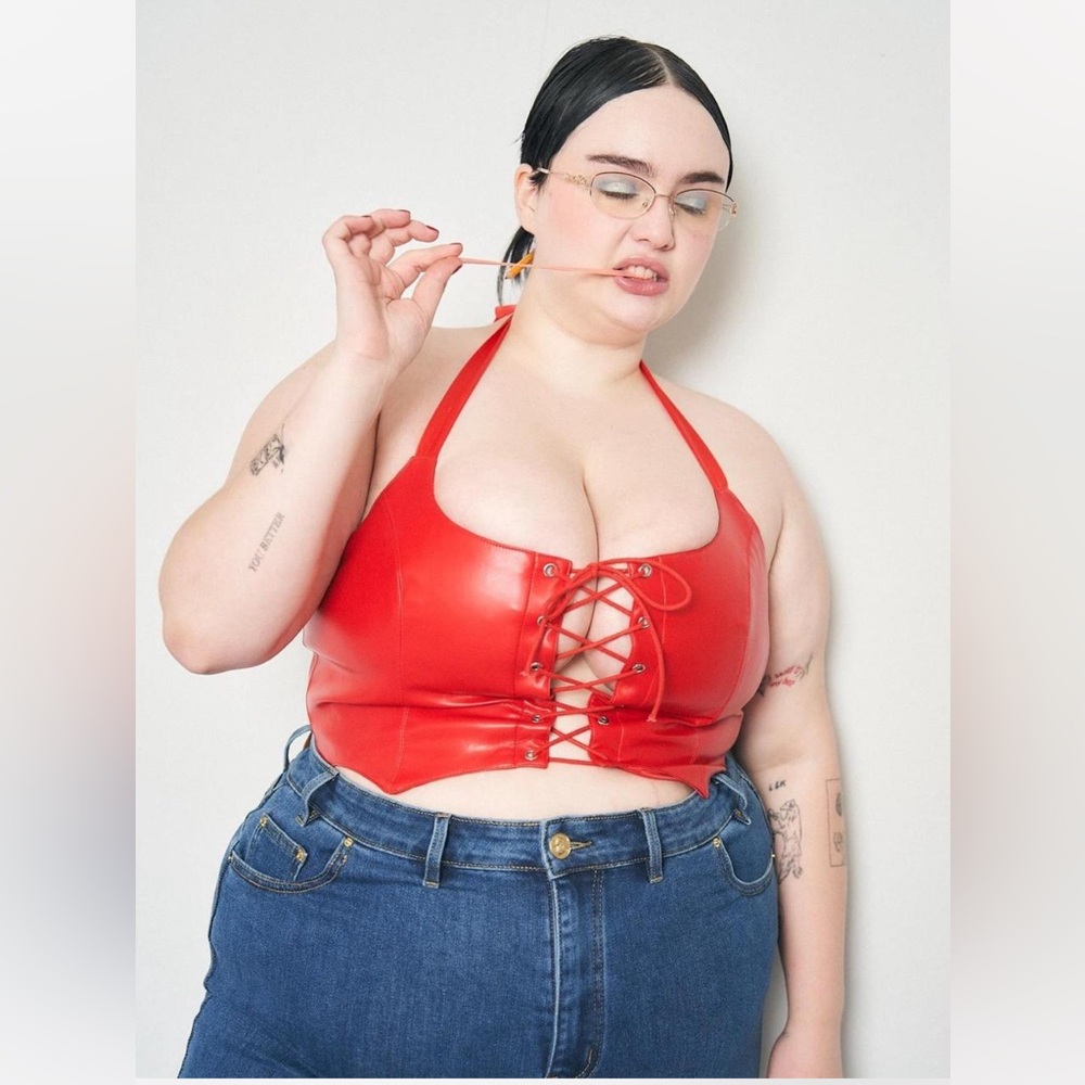 SMALL Fashion Brand Company Red Plant Leather Lace Up Halter Top.